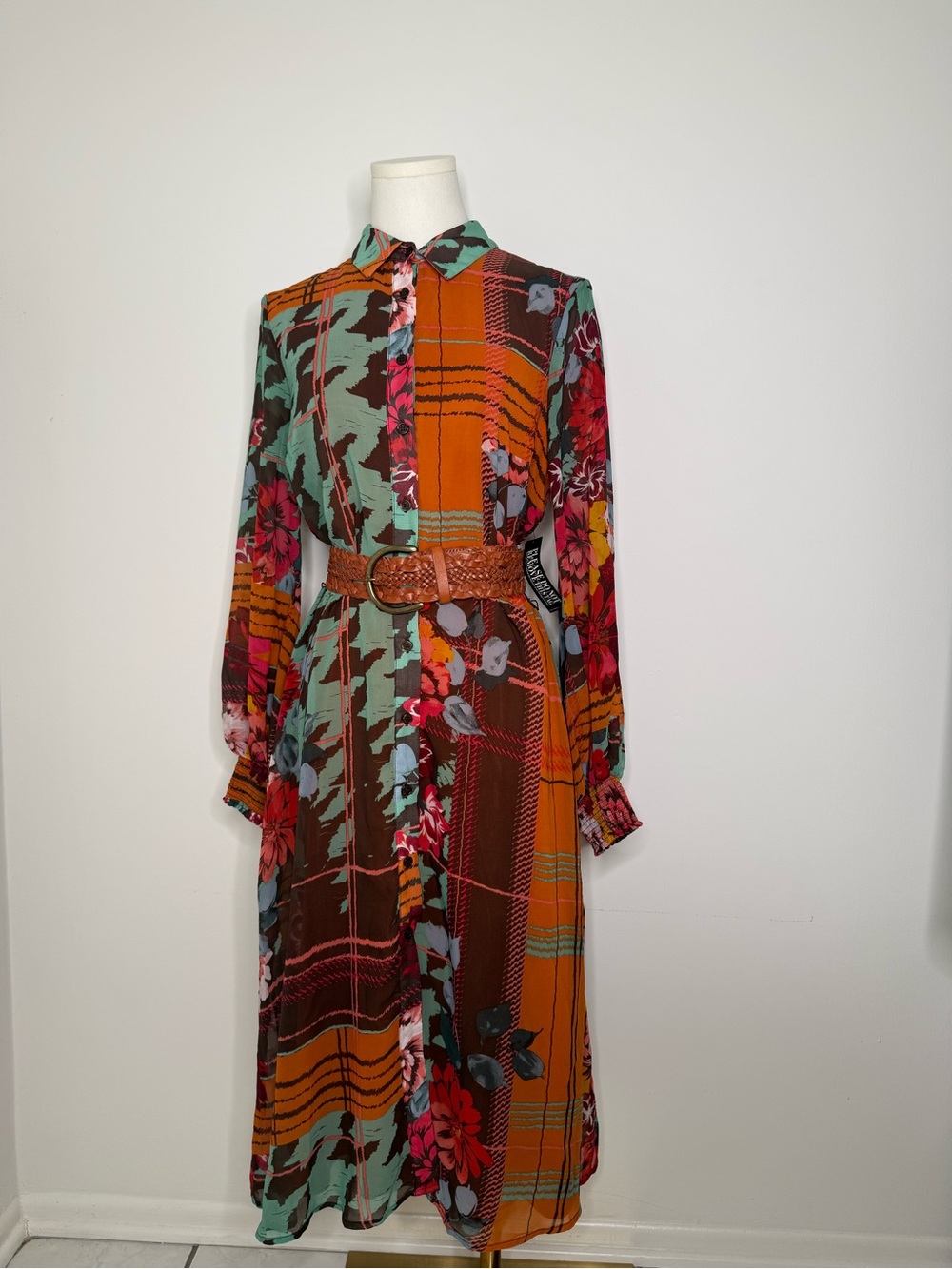 New York & Company Rust, Teal & Pink Floral Plaid Long Sleeve Shirt Dress